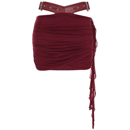 Vintage Court Waist Shaping Lace up Tube Top Leather Hollow Out Cutout out Wrist Hanging Package Hip Skirt Set Women