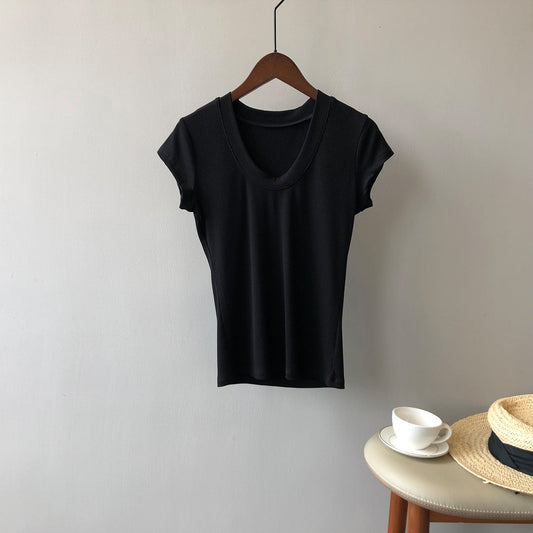 Solid Color T shirt for Women Summer Simplicity U Collar Slimming Stretch T shirt Top for Women