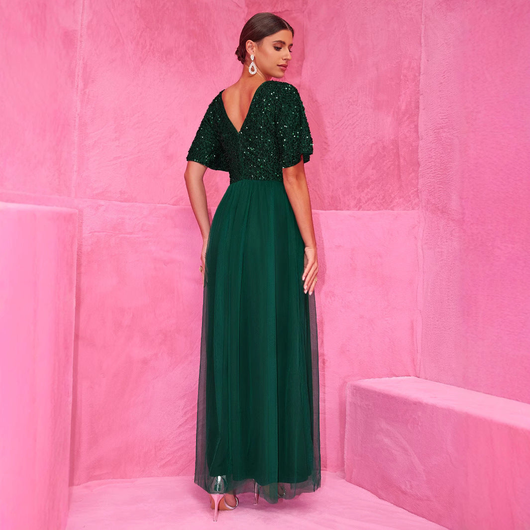 Dress Elegant A line Sequined Dress Short Sleeve Stitching Double V neck A line Tulle Evening Dress
