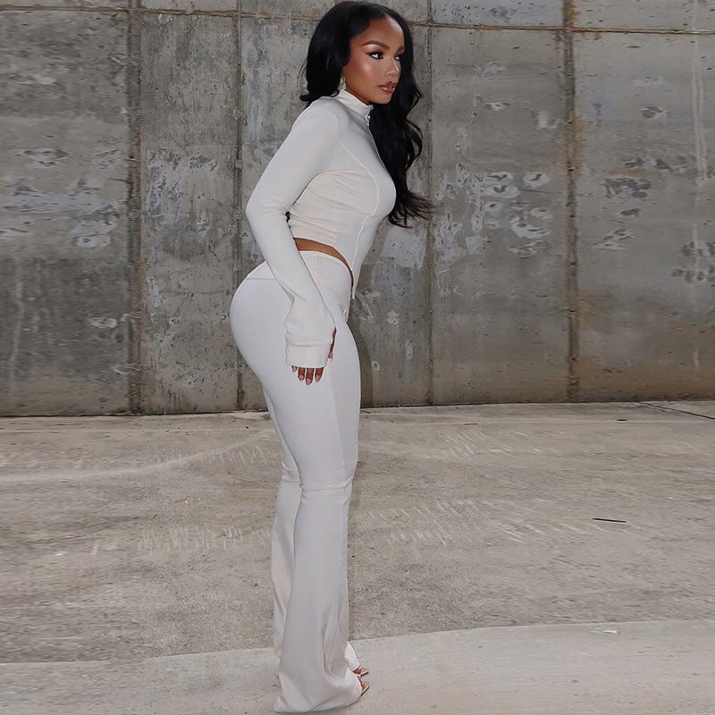 Women Slim Fit Pleated Zipper Solid Color Cropped Blouse Pants Long Sleeve Stand Collar Loose Trousers Two Piece Set