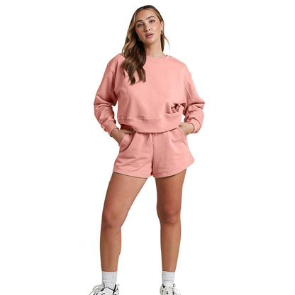 Solid Color Long Sleeve Sweaters Women Clothing Short Two-Piece Casual Shorts Suit