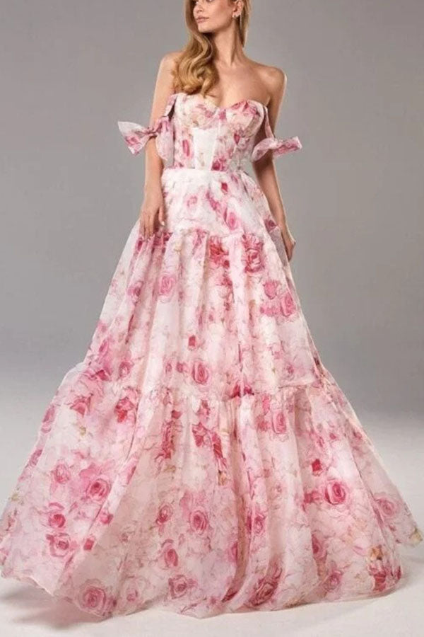 Fairytale Itself Organza Floral Print Tie Strap Maxi Dress