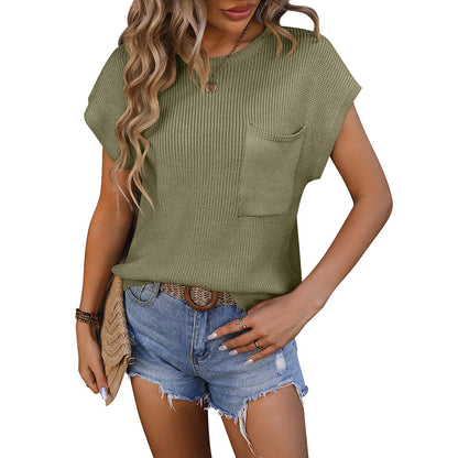 Women Clothing Women round Neck Pocket Decorative Top Sweater with Short Sleeves