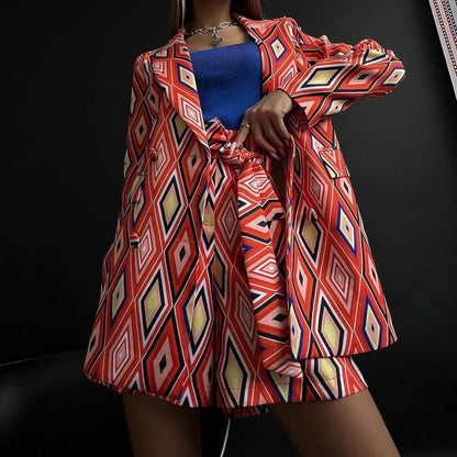 Autumn Women Clothing Printed Small Suit Shorts Set Two Piece Set