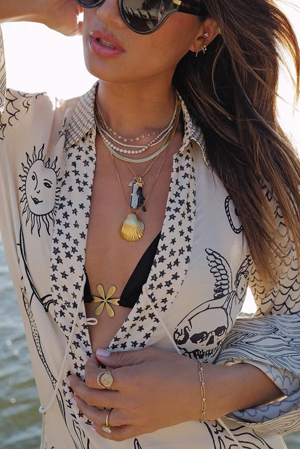 Ladies' Wealthy Satin Unique Printed Tassel Shirt and Elastic Waist Shorts Set