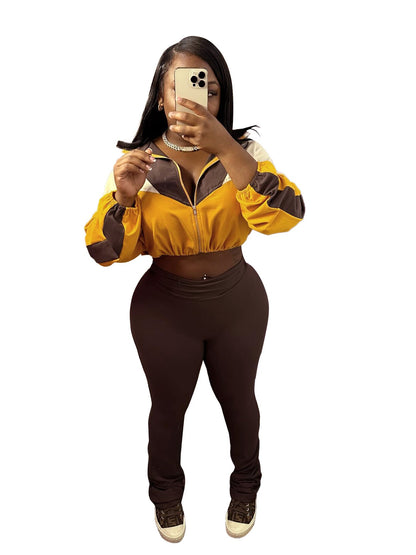 Sports Casual Women Clothing Color Matching Bare Cropped High Waist Slightly Flared Two Piece Set