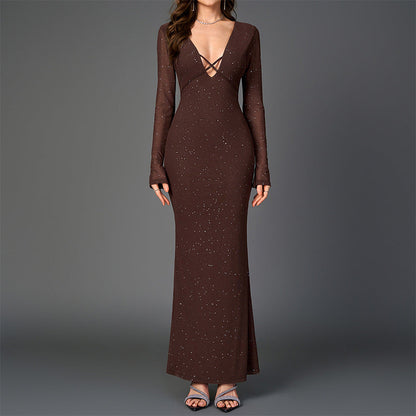 Mesh Square Silver Strip Dress Sexy V neck Hip Long Sleeve Tied Maxi Dress