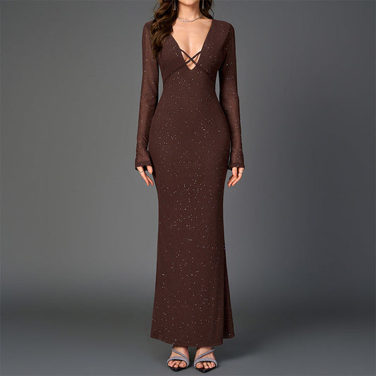 Mesh Square Silver Strip Dress Sexy V neck Hip Long Sleeve Tied Maxi Dress