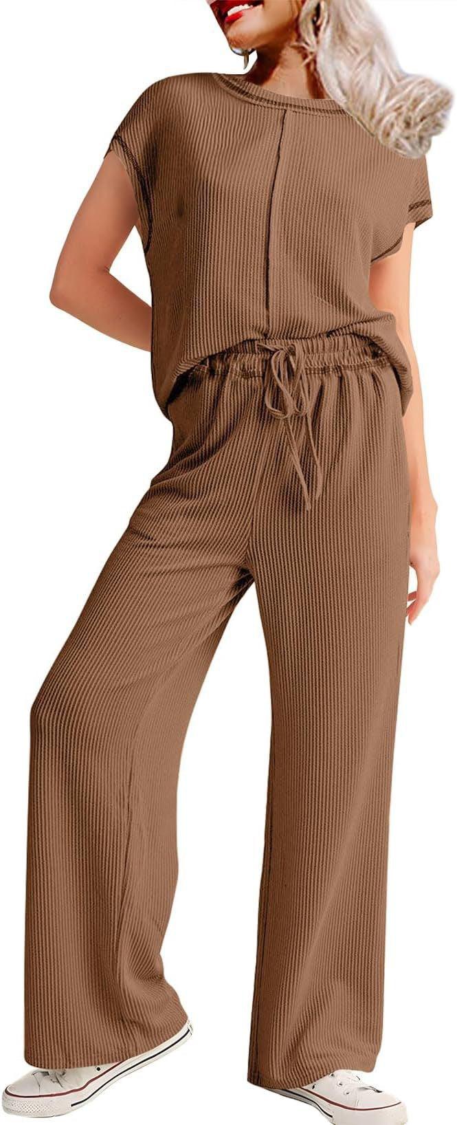 Spring Summer Casual Women Three Quarter Sleeve Rope Solid Color Office Trousers Set Women