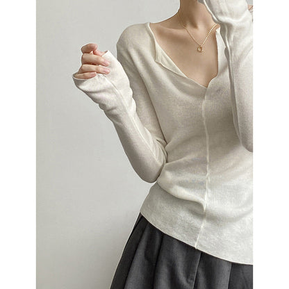 French V Neck Open Sweater Spring Inner Wear Elegant Slim Fit Long Sleeve Top