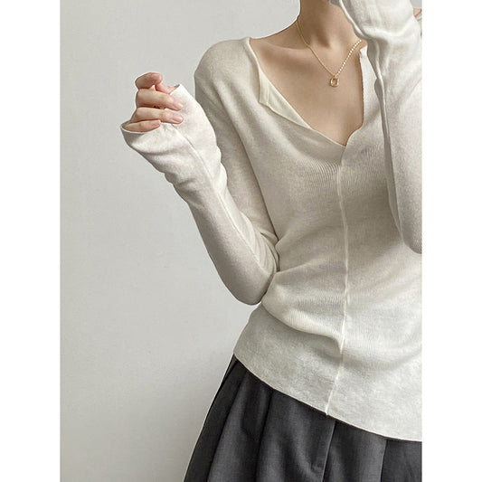 French V Neck Open Sweater Spring Inner Wear Elegant Slim Fit Long Sleeve Top