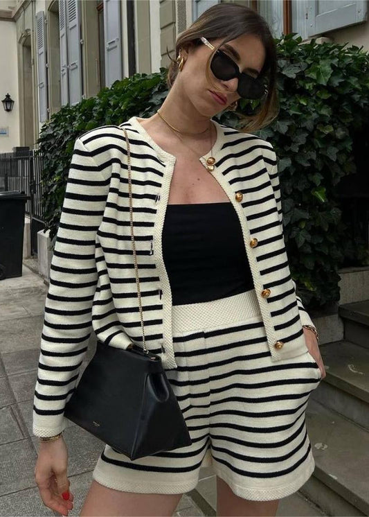 Marseille Knit Set – Striped Cardigan & High-Waisted Shorts