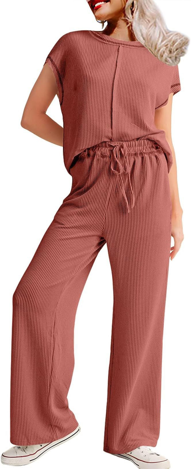 Spring Summer Casual Women Three Quarter Sleeve Rope Solid Color Office Trousers Set Women