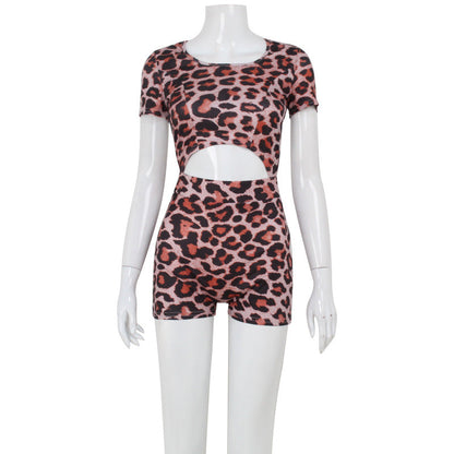 Summer Women Sexy Leopard Print Short Sleeve Backless Romper Sexy Jumpsuit for Women