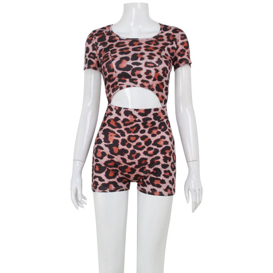 Summer Women Sexy Leopard Print Short Sleeve Backless Romper Sexy Jumpsuit for Women