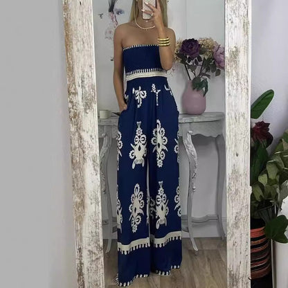 Street Hipster Wrapped Chest Printed Jumpsuit High Waist Casual Pants Women