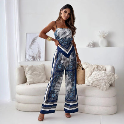 Women Clothing Printed Sexy Spaghetti Straps Corset Positioning Floral Trousers Two Piece Sets