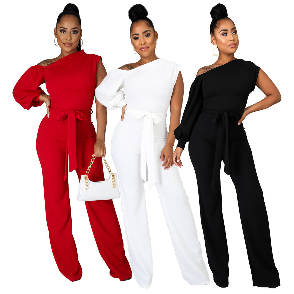 Women Wear Solid Color One-Shoulder Women Wide Leg Women Jumpsuit