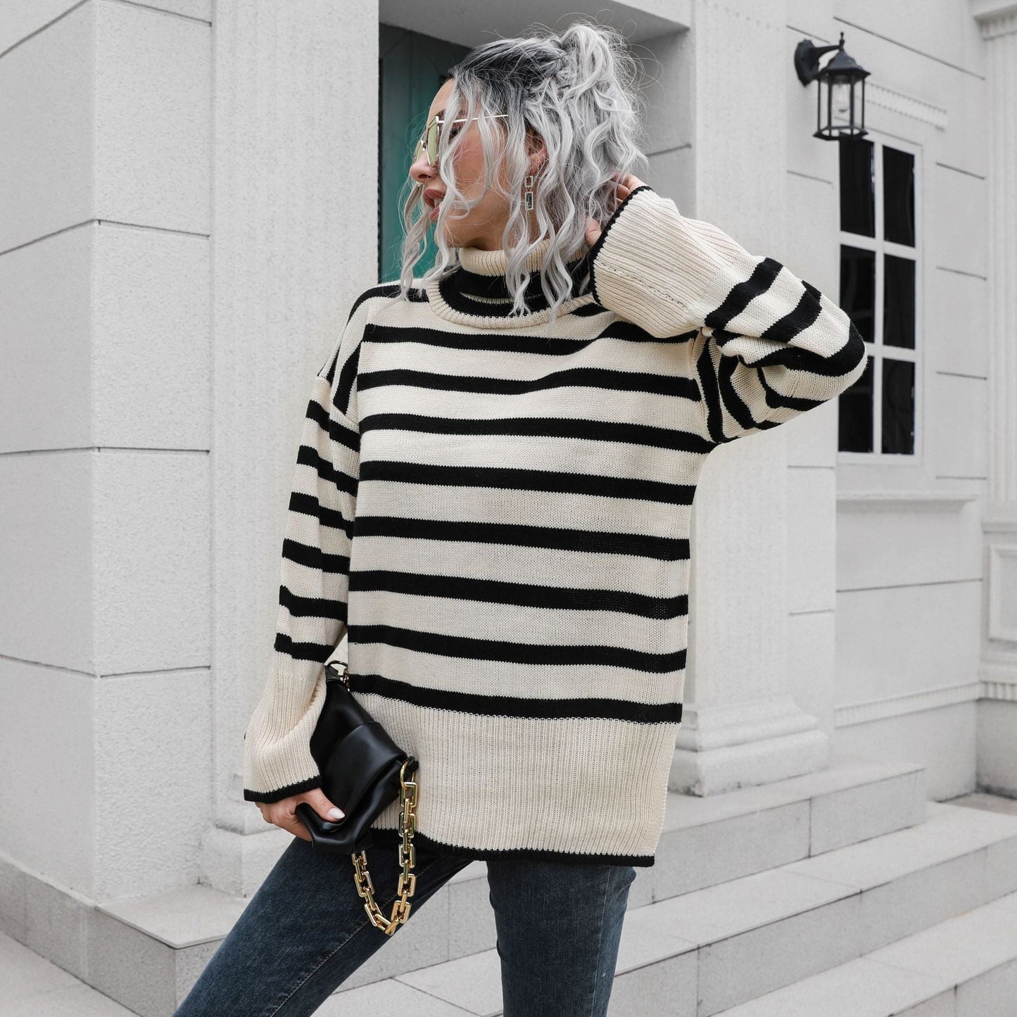 Popular Striped Bottom Slit High Collar Mid Length Women Loose Fall Winter Sweater