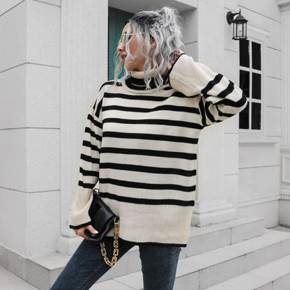Popular Striped Bottom Slit High Collar Mid Length Women Loose Fall Winter Sweater