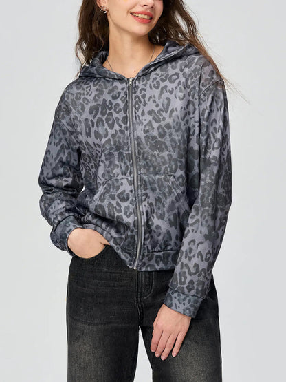 Women Clothing Autumn Winter Vintage Leopard Print Hooded Jacket