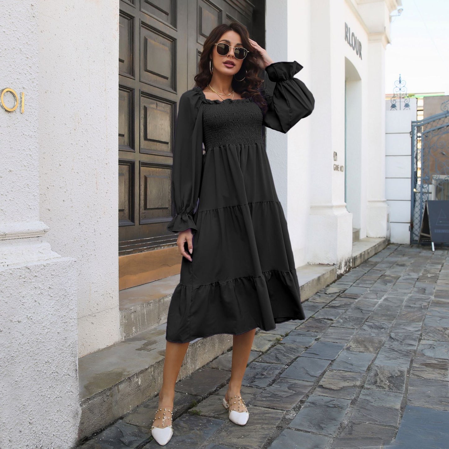 Smocking Dress Ruffled Square Collar Flared Sleeve Layered Large Swing Dress Women Women Clothing