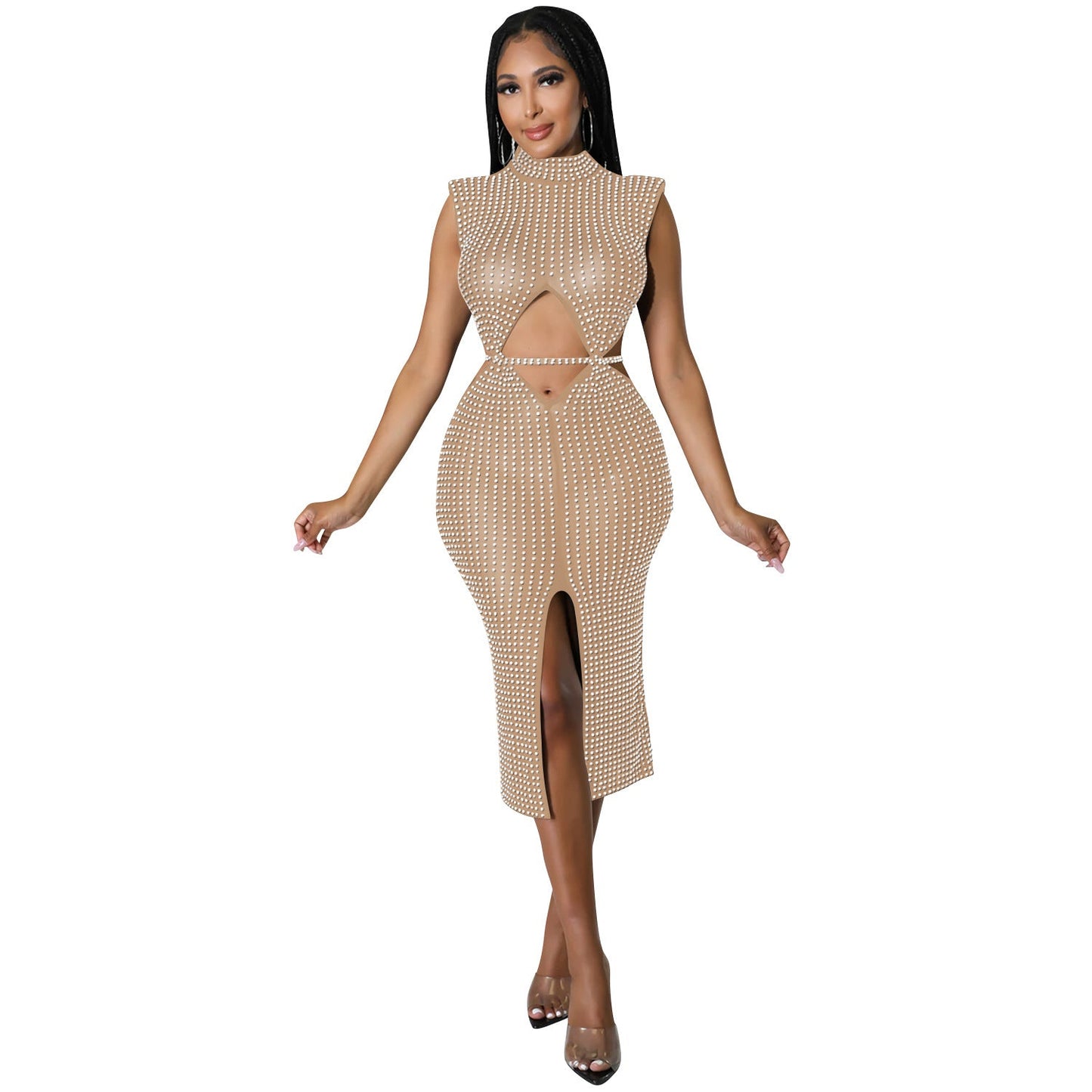 Sexy Mesh See through Rhinestone Hollow Out Cutout Split Dress Women Clothing