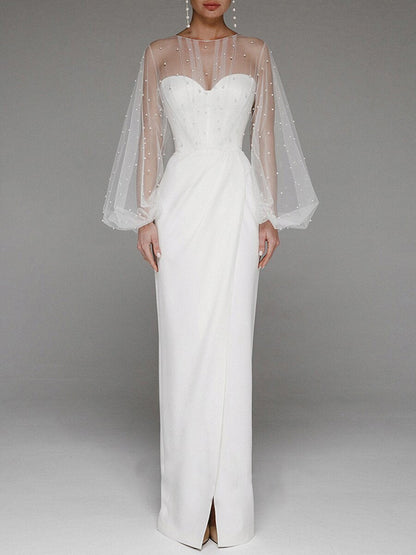 Strapless Puff Sleeves Shiny Glitter Wedding Dress