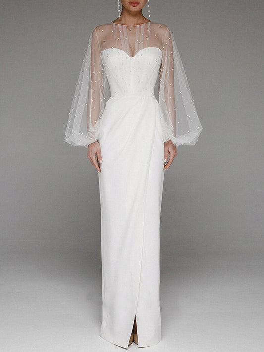 Strapless Puff Sleeves Shiny Glitter Wedding Dress