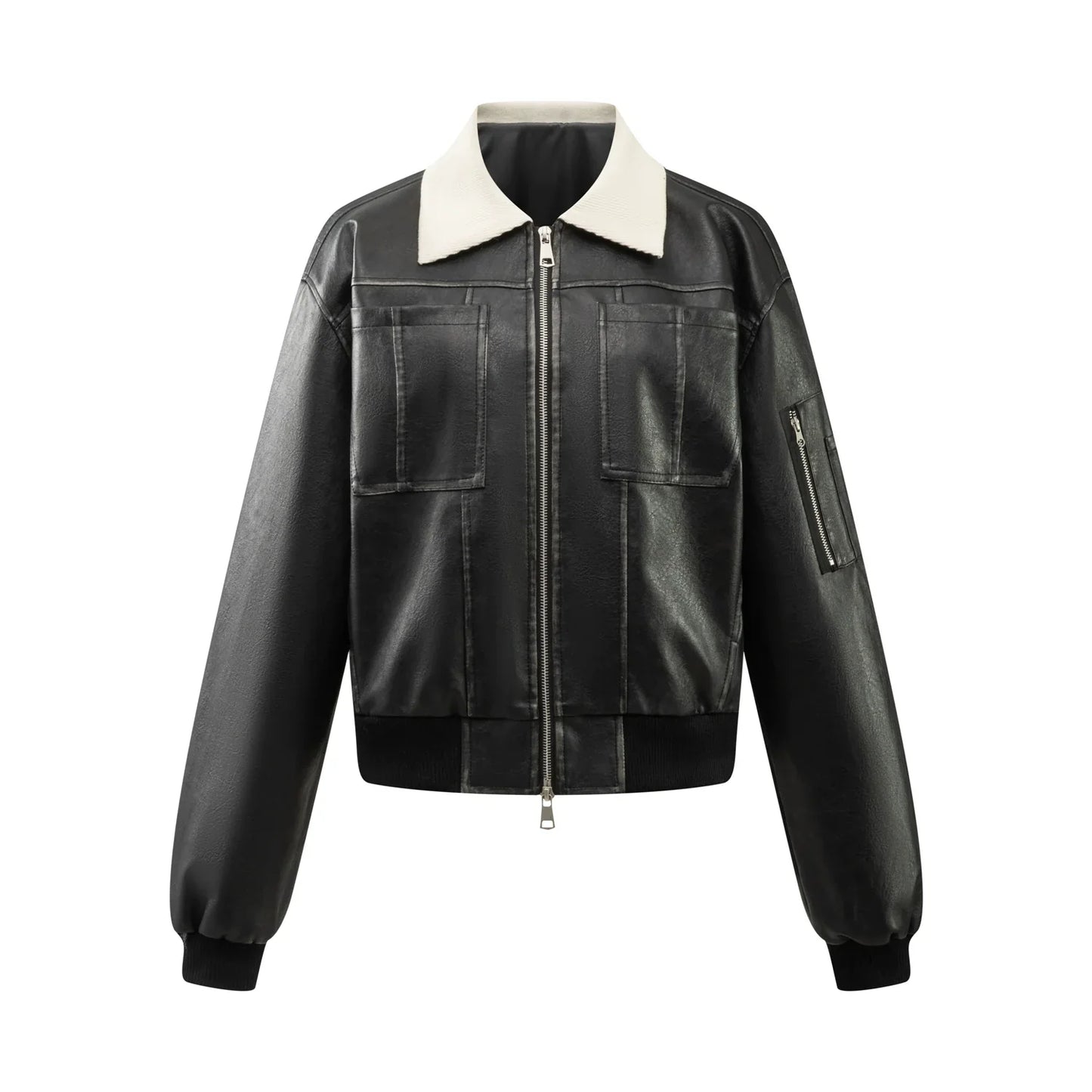 PU Leather Jacket with Lamb Wool Collar