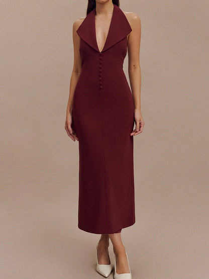 Sexy Women Clothing Sexy Backless V neck Midi Dress Skinny Sheath Split Halter Dress