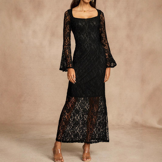 Spring Summer Autumn Women Elegant Lace Stitching Square Collar Bell Sleeve Maxi Dress