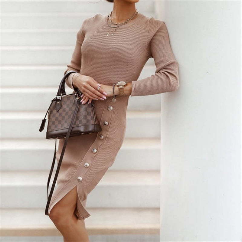 Autumn Winter Women Clothing Split Button Knitted Dress
