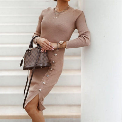 Autumn Winter Women Clothing Split Button Knitted Dress