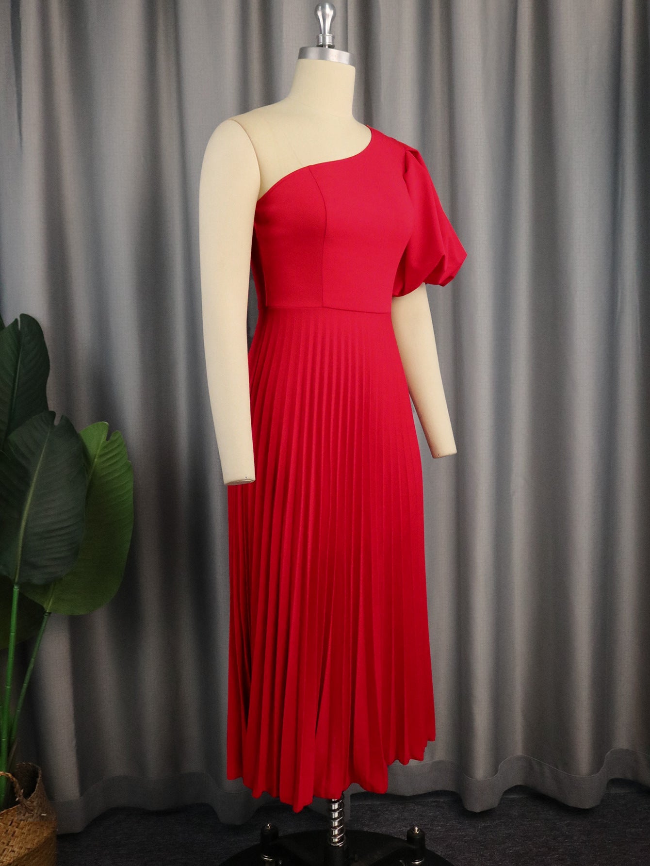 Aomei Spring Casual One Shoulder Diagonal Collar Pleated Dress Spring Outing Beach Vacation Puff Sleeve Dress Dresses