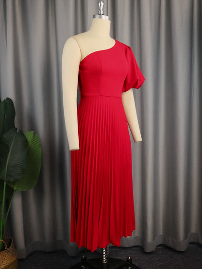 Aomei Spring Casual One Shoulder Diagonal Collar Pleated Dress Spring Outing Beach Vacation Puff Sleeve Dress Dresses