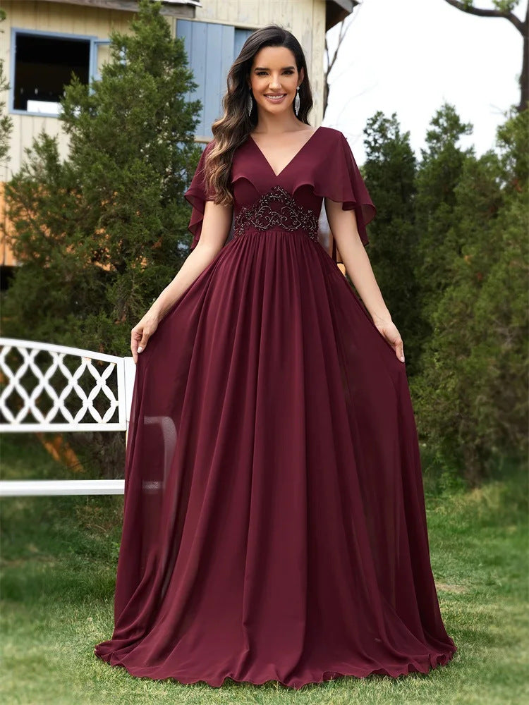 Applique Chiffon Green Evening Dress Slim Fit Flared Sleeves Bridesmaid Dress Cocktail Women