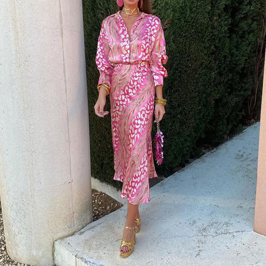 Summer Arrival Women Printed Elegant Collared Long Sleeve Shirt High Waisted Skirt Set