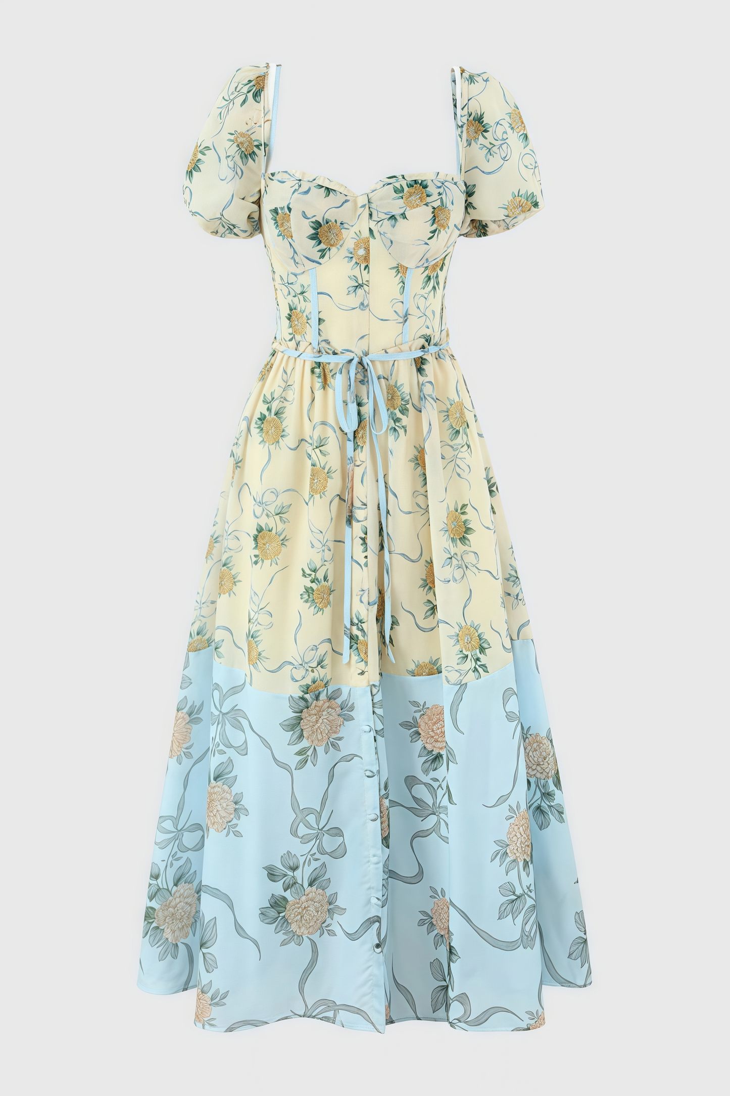 Elowen Yellow Vintage Rose Chiffon Midi Dress