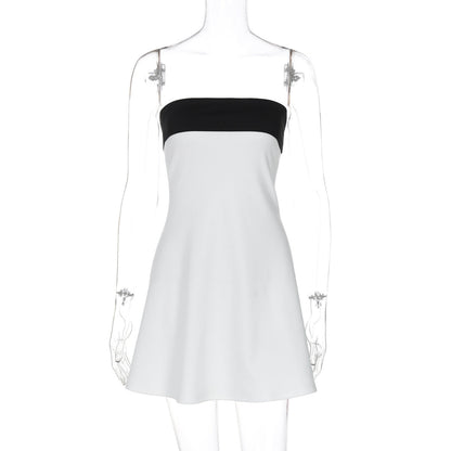 Women Clothing Spring Sexy Sexy Contrast Color Tube Top off Neck Waist Slimming Dress