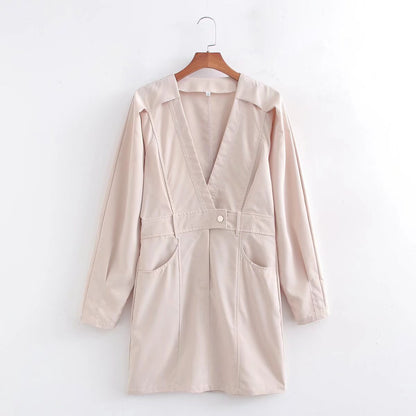 Spring Women Clothing Solid Color V neck Long Sleeve Dress