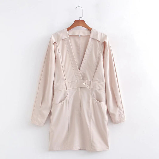 Spring Women Clothing Solid Color V neck Long Sleeve Dress
