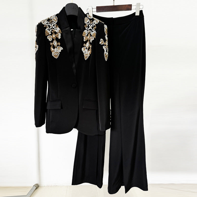 Star Exquisite Rhinestone Beaded Stand Collar Blazer Split Trousers Suit