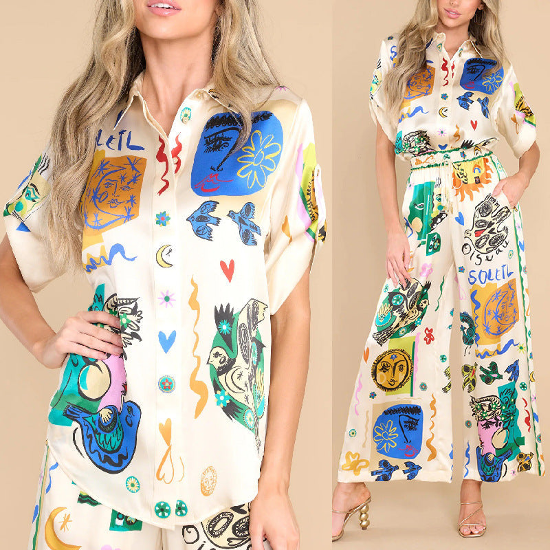 Summer Graffiti Printing Satin Short Sleeve Collared Shirt Trousers Casual Two Piece Suit Amplified craft
