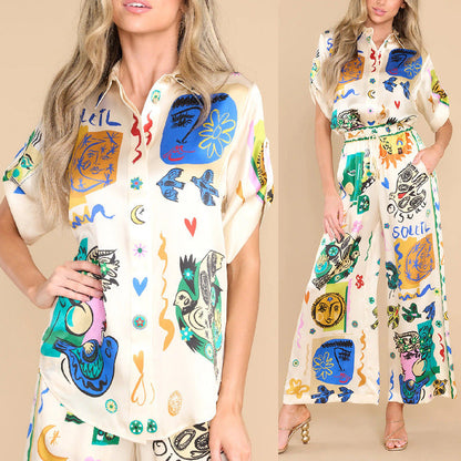 Summer Graffiti Printing Satin Short Sleeve Collared Shirt Trousers Casual Two Piece Suit Amplified craft