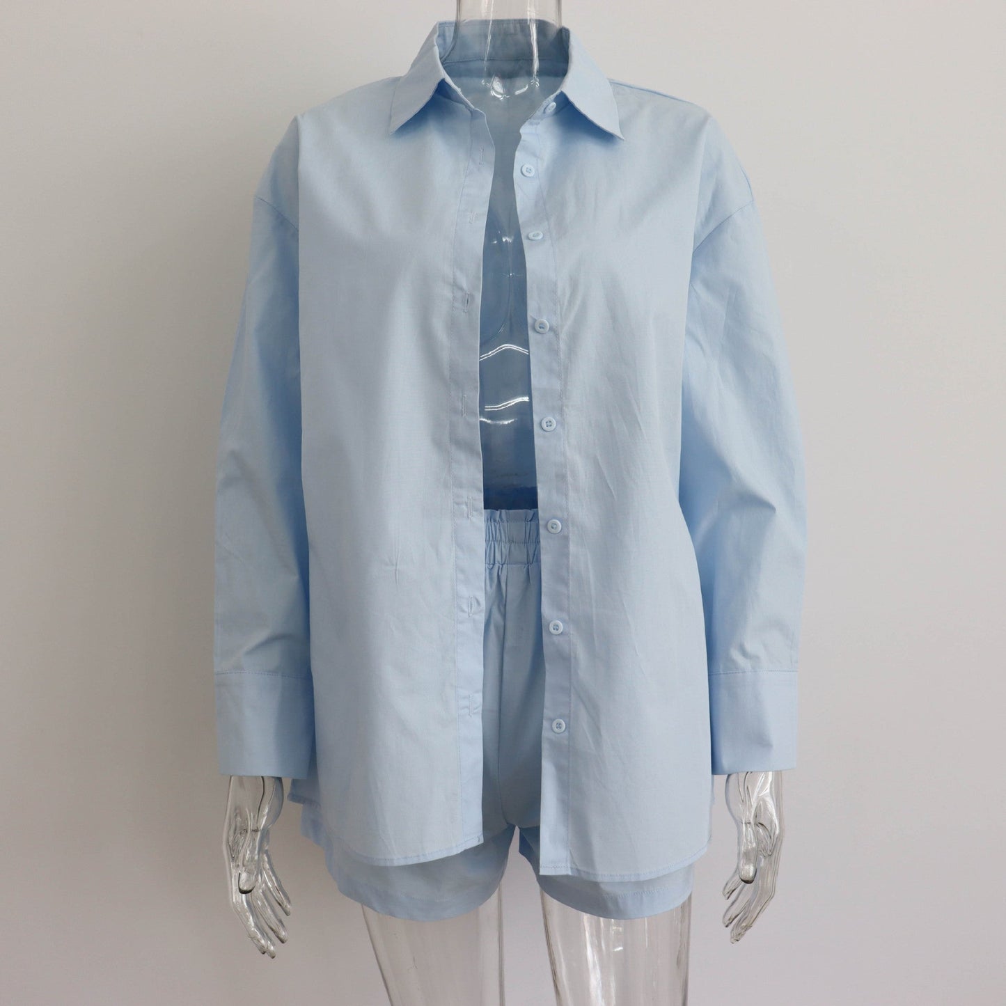 Spring Summer Two Piece Set Solid Color Single Breasted Long Sleeve Collared Shirt Shorts Loose Casual Set