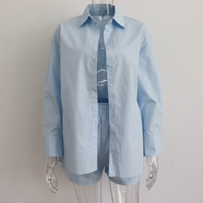 Spring Summer Two Piece Set Solid Color Single Breasted Long Sleeve Collared Shirt Shorts Loose Casual Set