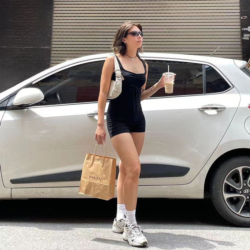 Casual Street Solid Color Square Collar Cross Hollow Out Cutout Backless Lace up Sports Jumpsuit Yoga Fitness One Piece Trousers