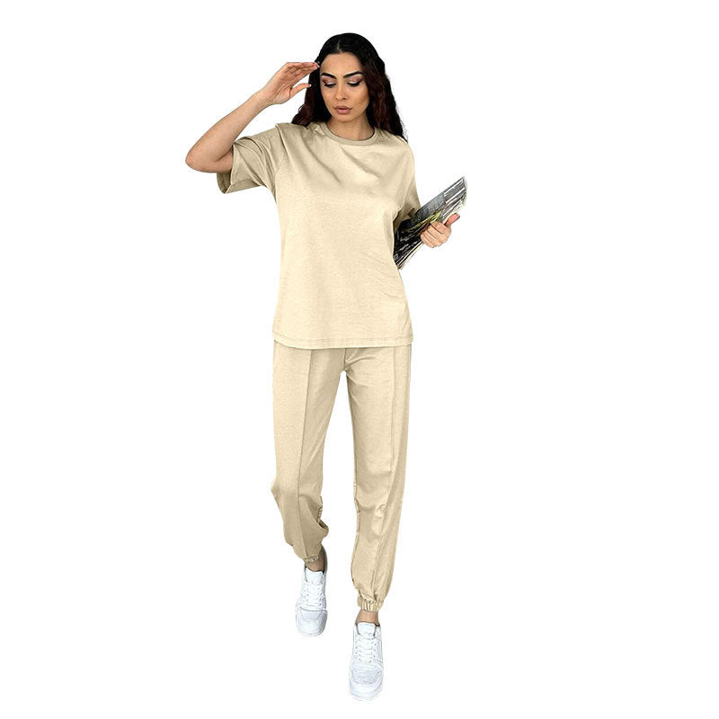 Summer Solid Color round Neck Short Sleeves Pullover Women Casual Ankle Banded Pants