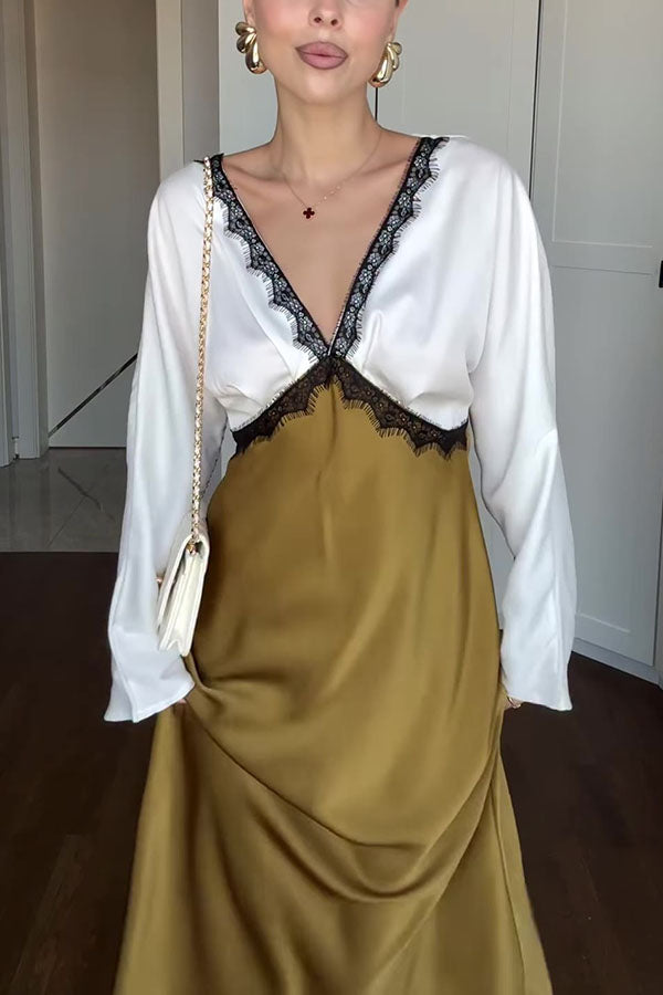 Lainei Contrast Color Satin Lace Trim V-neck Long Sleeve Maxi Dress